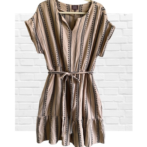 Berkley Jensen Aztec Embroidered Gauze Belted Dress Elastic Waist XL Black Tan - Picture 1 of 10